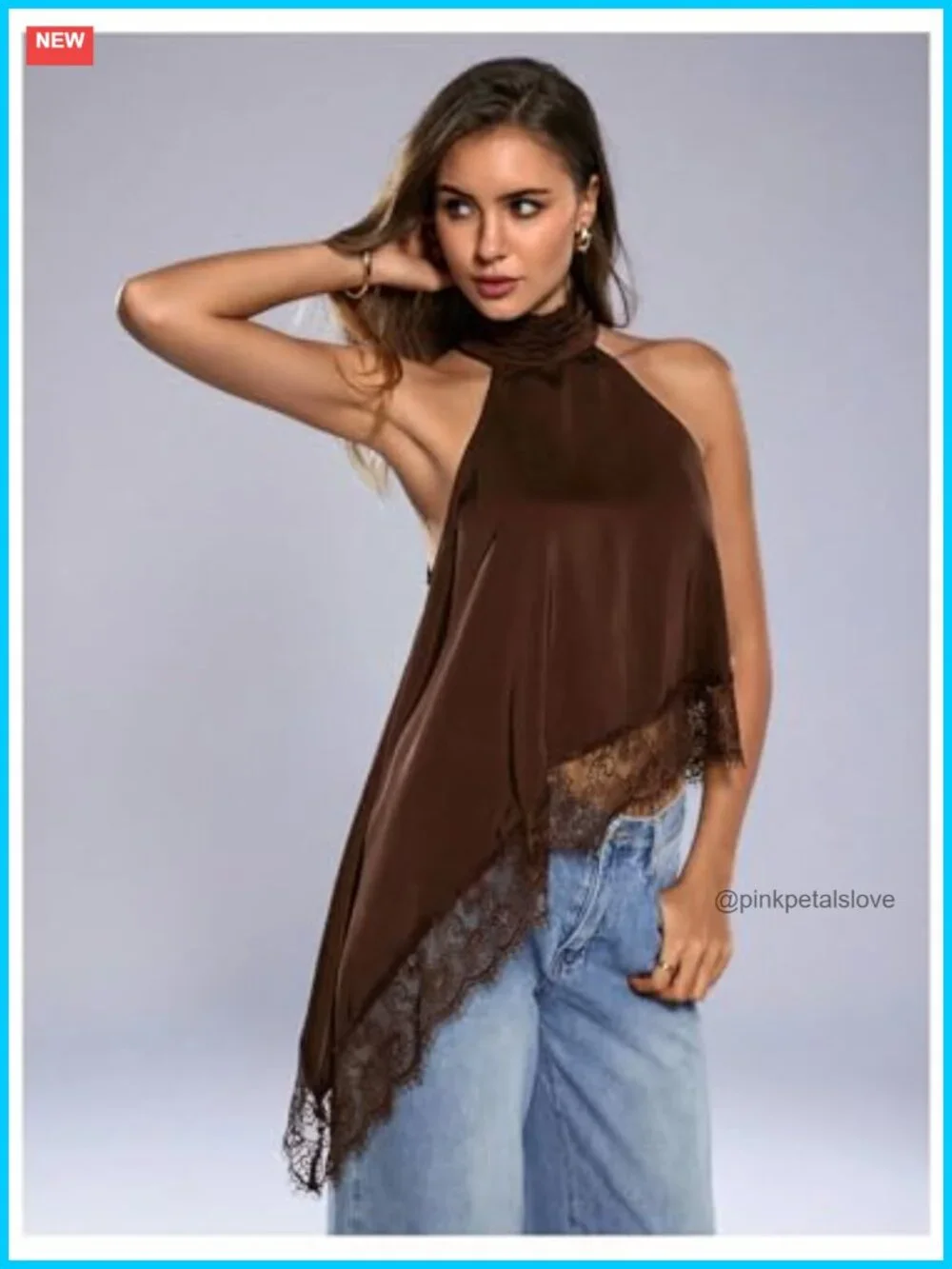 Halter Neck Sleeveless Lace Asymmetrical Hem Tank Top